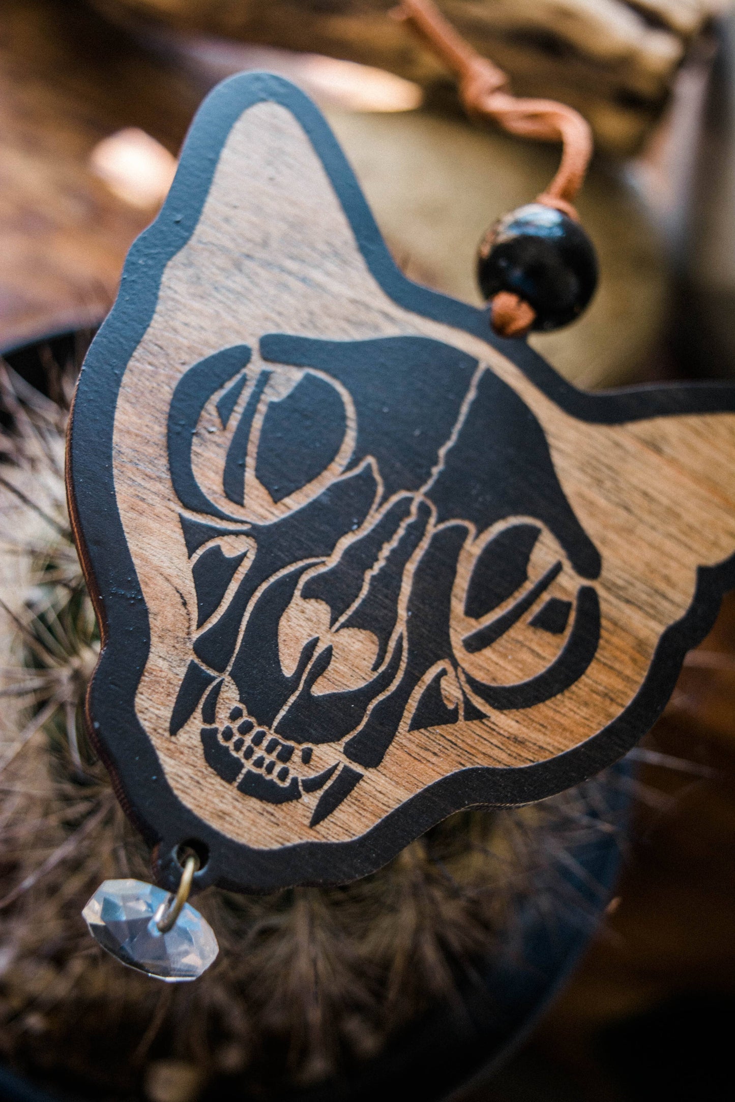 Black Cat Skull Wooden Ornament Wall Hanging Suncatcher