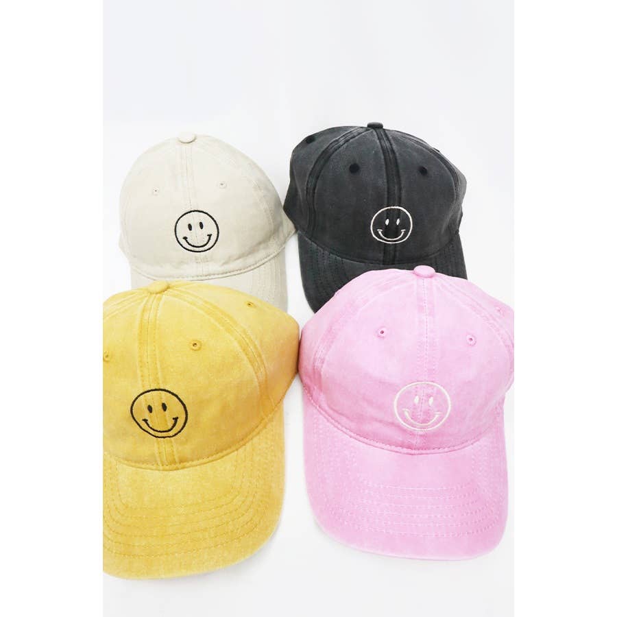 Smile Face Embroidered Washed Baseball Cap: PINK / ONE