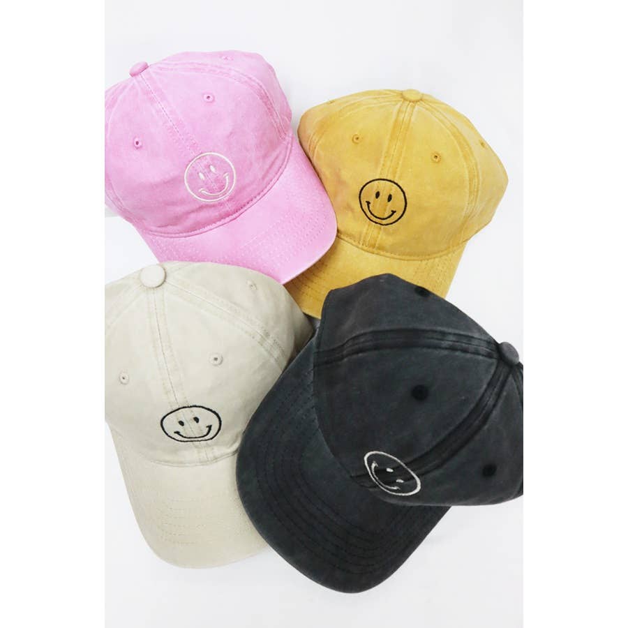 Smile Face Embroidered Washed Baseball Cap: PINK / ONE