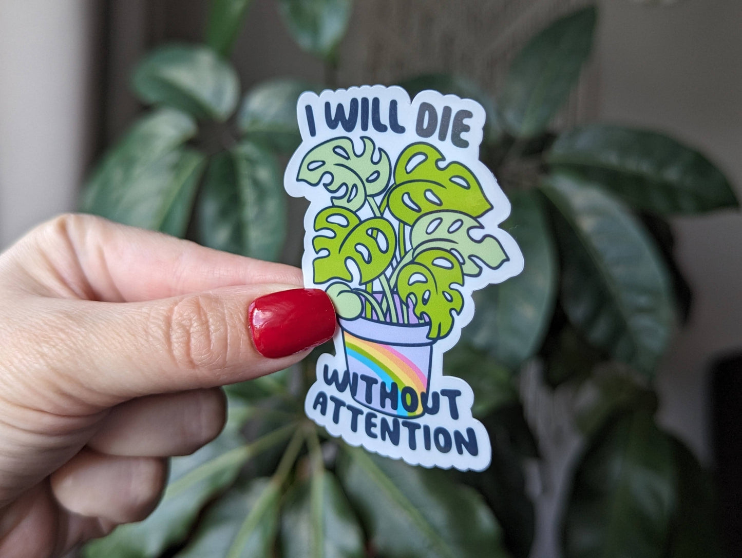 I will die without attention, monstera plant lover sticker