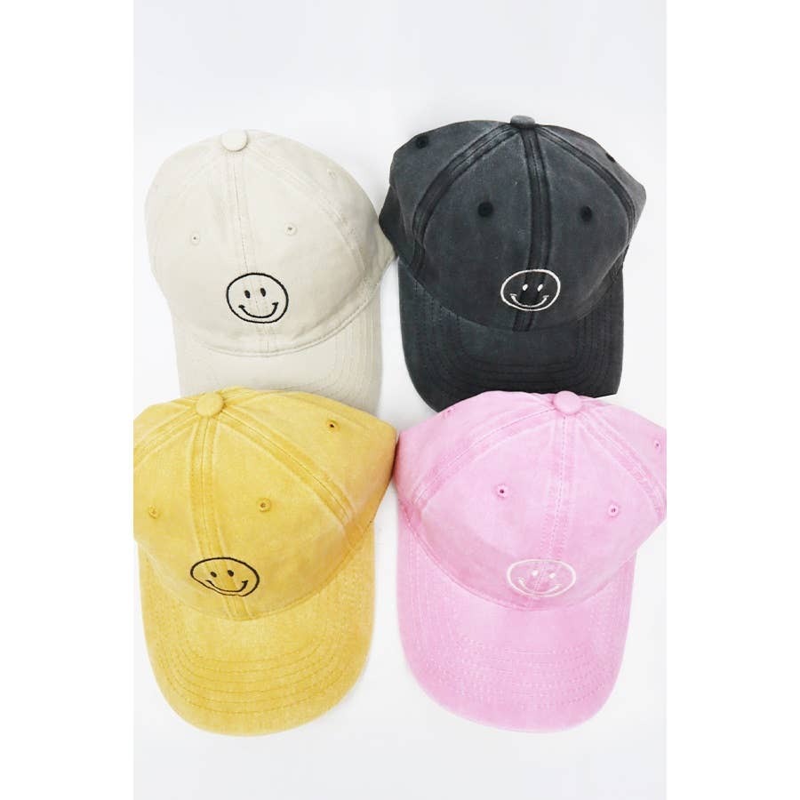 Smile Face Embroidered Washed Baseball Cap: PINK / ONE