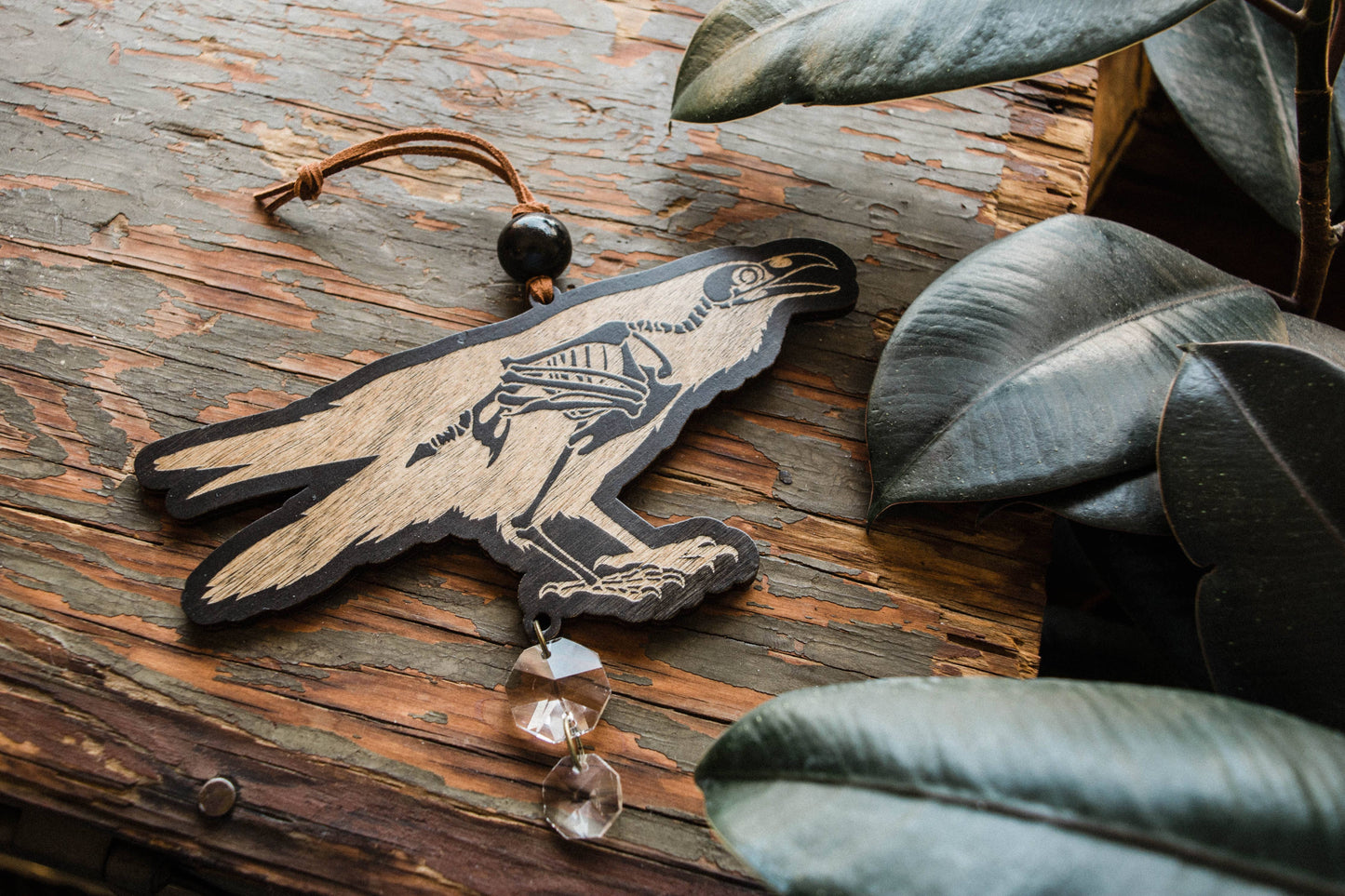 Black Raven Skeleton Wooden Ornament Wall Hanging Suncatcher