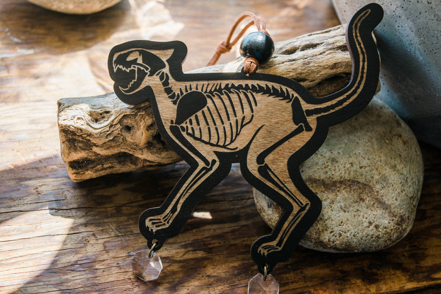 Black Cat Skeleton Wooden Ornament Wall Hanging Suncatcher