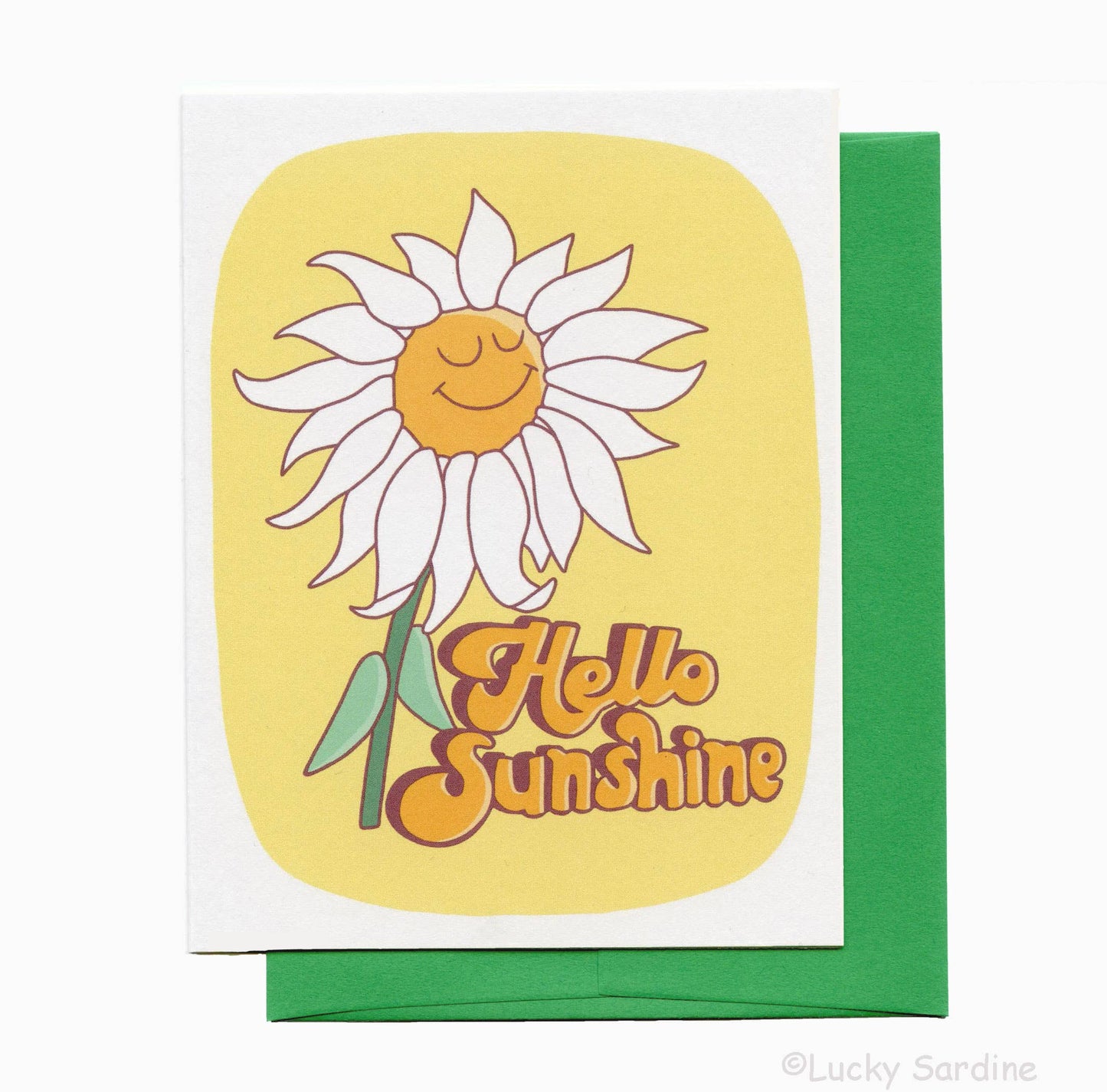 Hello Sunshine Daisy Flower, Retro Friendship Card: Forest Green