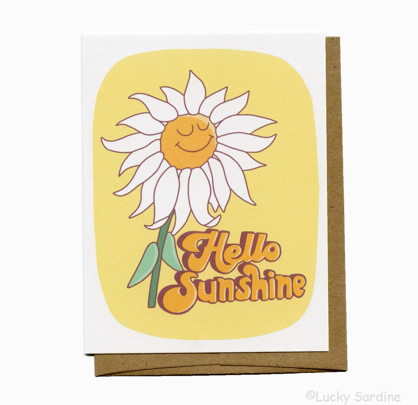 Hello Sunshine Daisy Flower, Retro Friendship Card: Forest Green