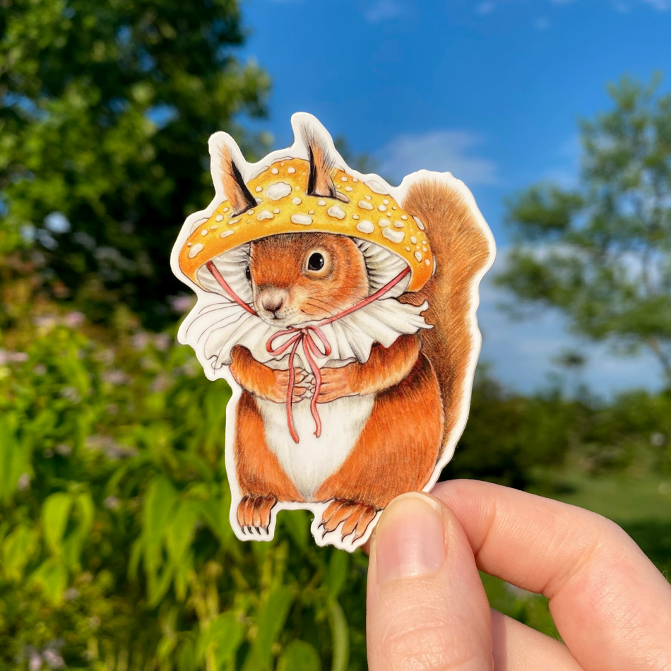 Red Squirrel in Mushroom Hat Weatherproof Vinyl Sticker
