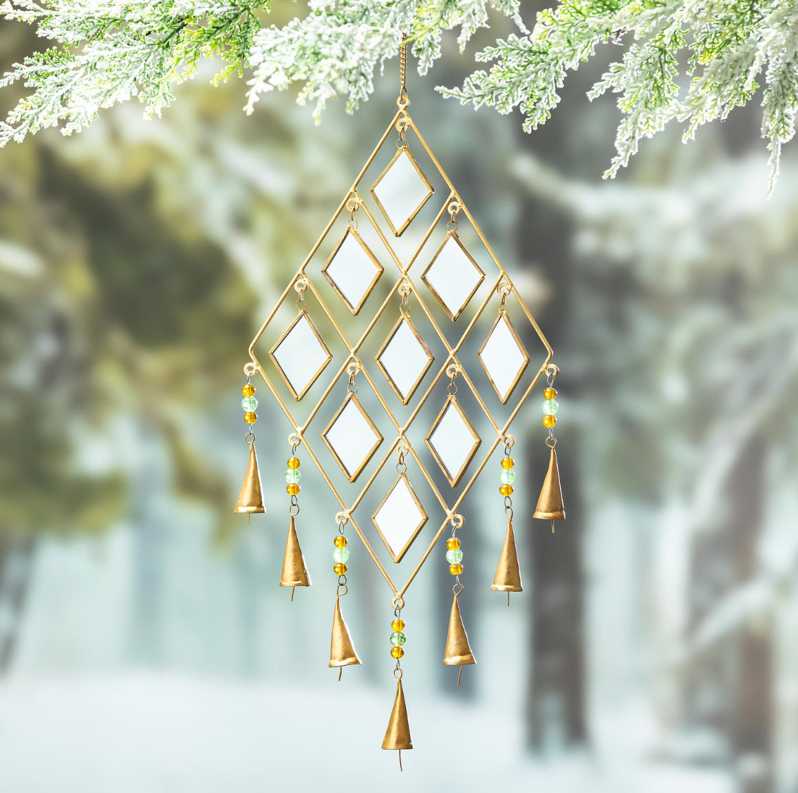 Shades of Green Garden Accent, Metal Wind Chime, Gold Diamond w/ Bells