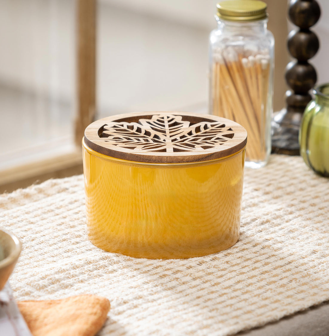 Glass Harvest Soy and Wax Candle w/ Laser Cut Wooden Leaf Lid