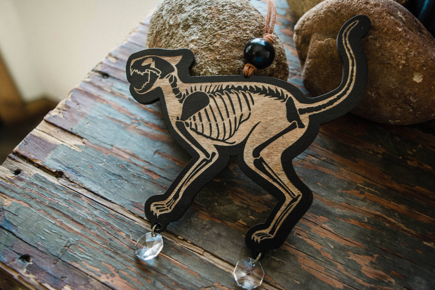 Black Cat Skeleton Wooden Ornament Wall Hanging Suncatcher
