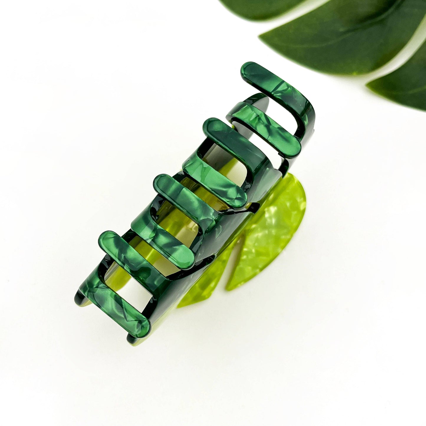 Two-Tone Green Monstera Leaf Hair Claw, Acetate Hair Clip