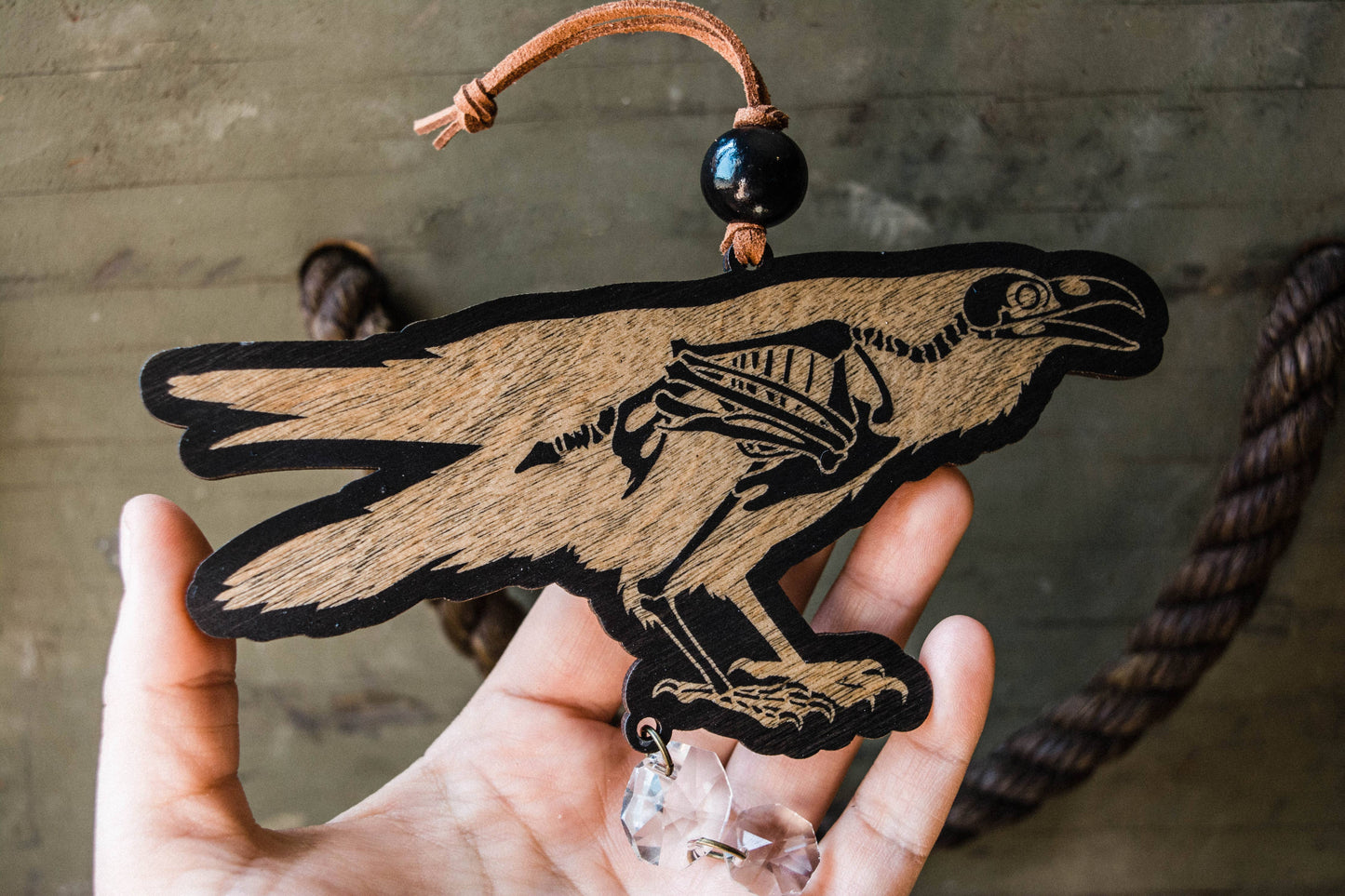 Black Raven Skeleton Wooden Ornament Wall Hanging Suncatcher