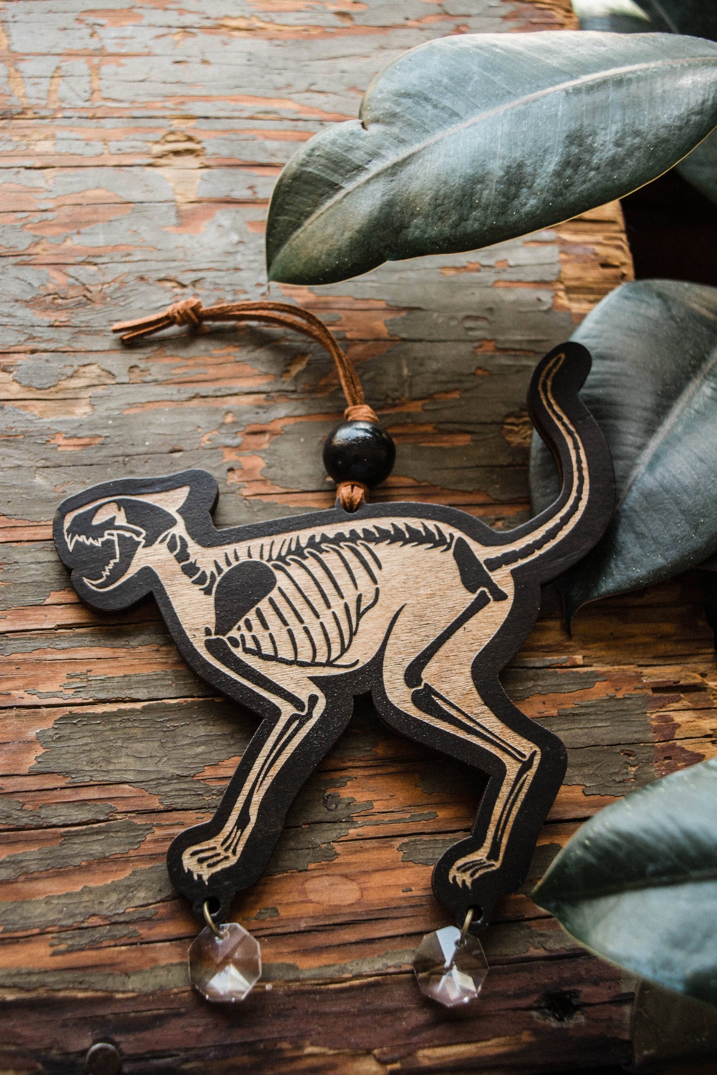 Black Cat Skeleton Wooden Ornament Wall Hanging Suncatcher
