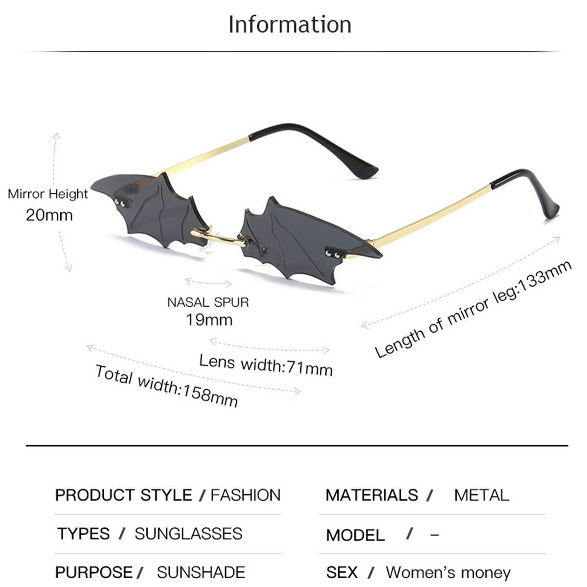 TRENDY FUNNY BAT SHAPE SUNGLASSES_CWASG0362: Black / (OS) 2
