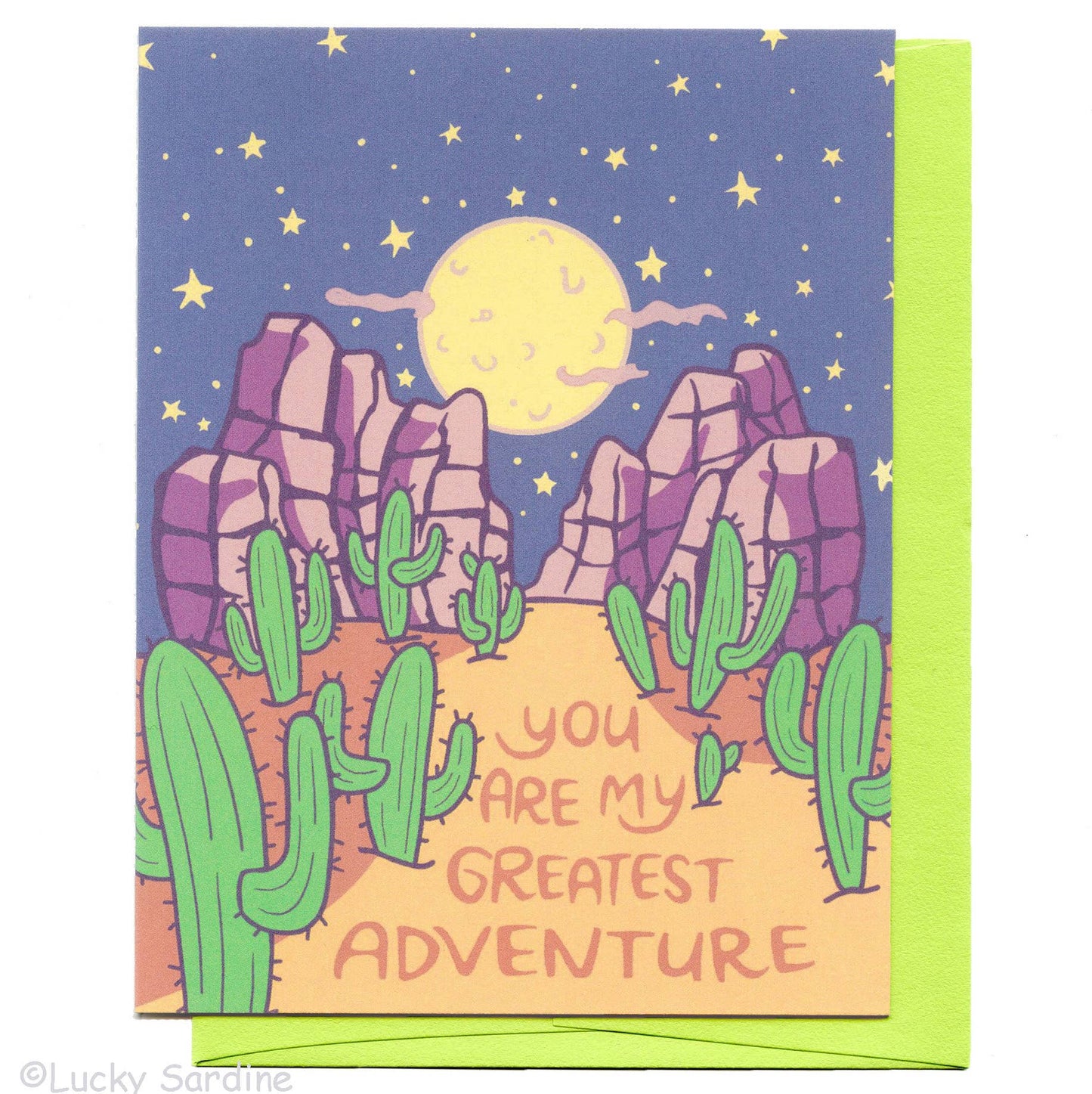Greatest Adventure, Desert Love Moon Stars Greeting Card: Lime Green
