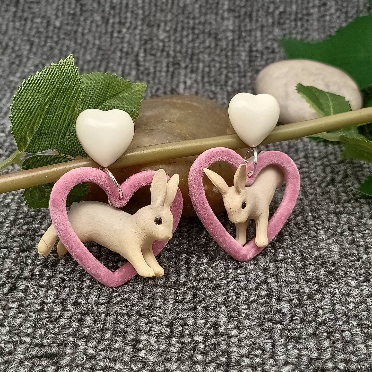 YK - Resin Rabbit Plush Heart Charm Dangle Earrings