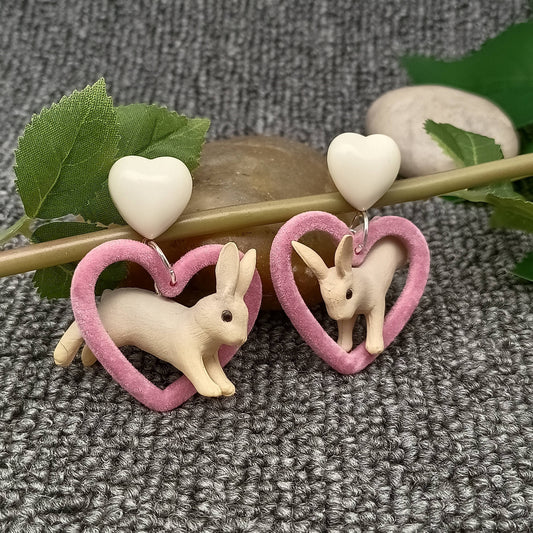 YK - Resin Rabbit Plush Heart Charm Dangle Earrings