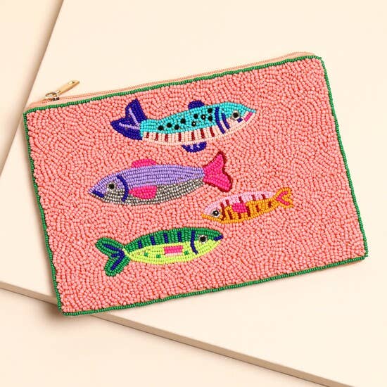 Beaded Pink 4 Fish Medium Pouch