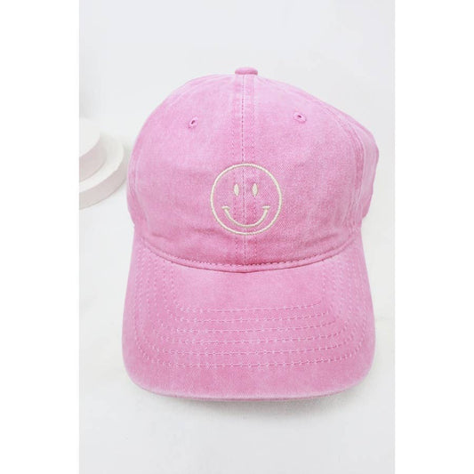 Smile Face Embroidered Washed Baseball Cap: PINK / ONE