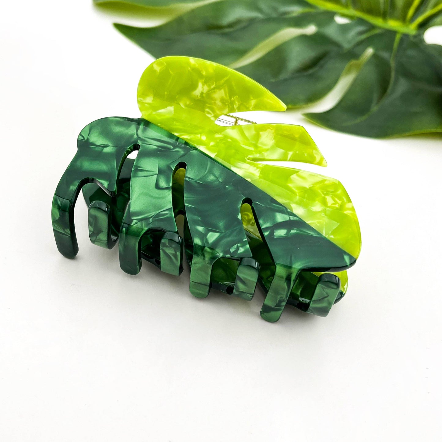Two-Tone Green Monstera Leaf Hair Claw, Acetate Hair Clip
