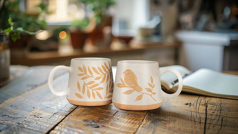 Oversized Mug with Leaves-4"H(17oz)