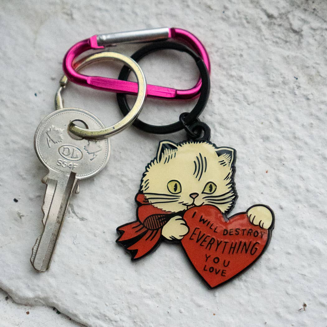 Destroy Cat Keychain | Enamel Keychain with Bag Clip