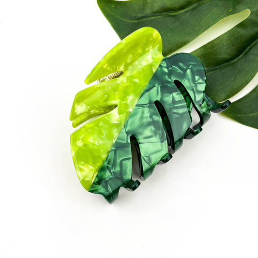 Two-Tone Green Monstera Leaf Hair Claw, Acetate Hair Clip
