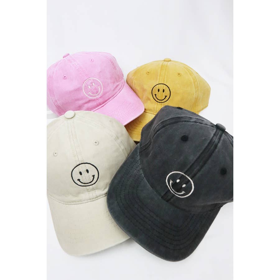 Smile Face Embroidered Washed Baseball Cap: BLACK / ONE
