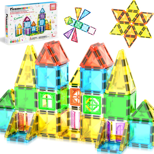 PicassoTiles 48 Pieces Travel Size Magnetic Tiles Toy
