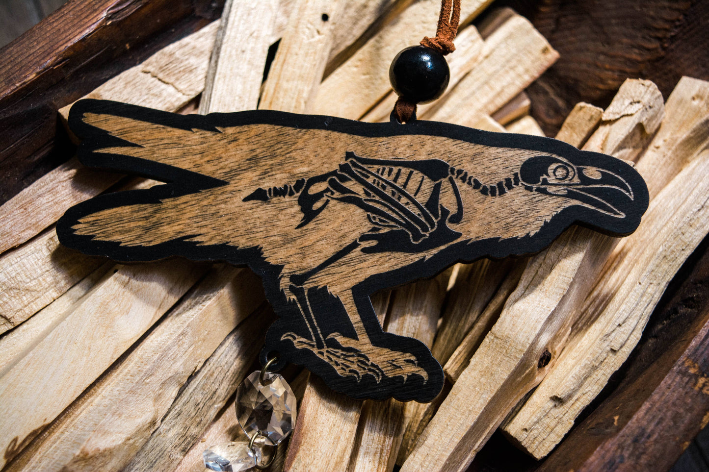 Black Raven Skeleton Wooden Ornament Wall Hanging Suncatcher