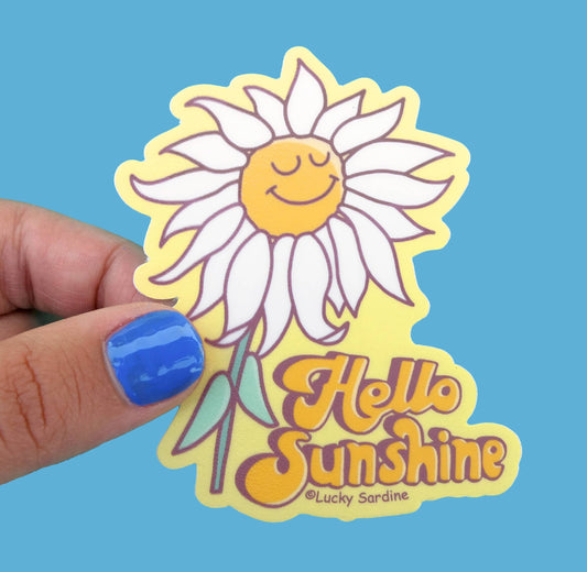 Hello Sunshine Daisy Flower, Happy Retro Vinyl Sticker