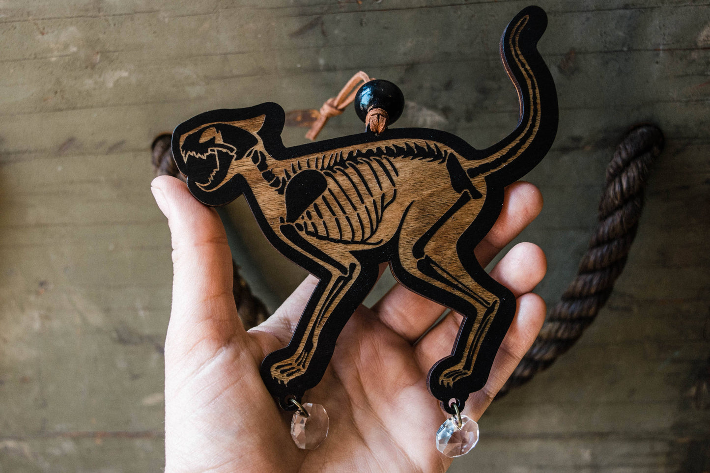 Black Cat Skeleton Wooden Ornament Wall Hanging Suncatcher