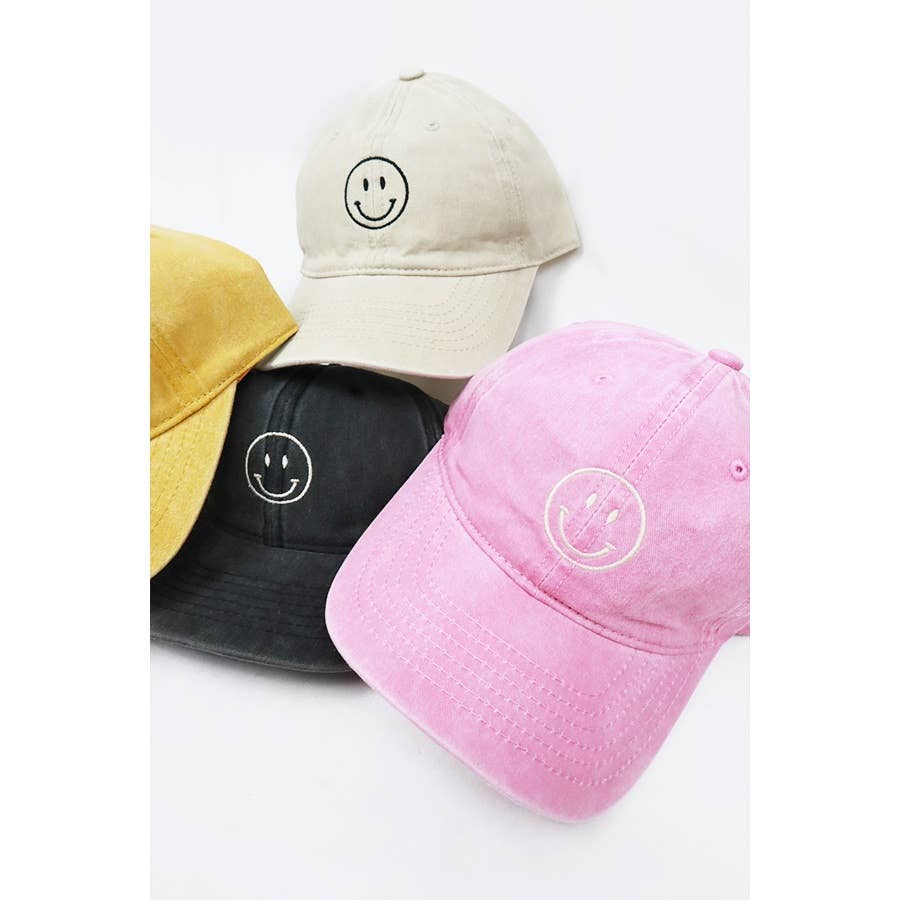 Smile Face Embroidered Washed Baseball Cap: PINK / ONE