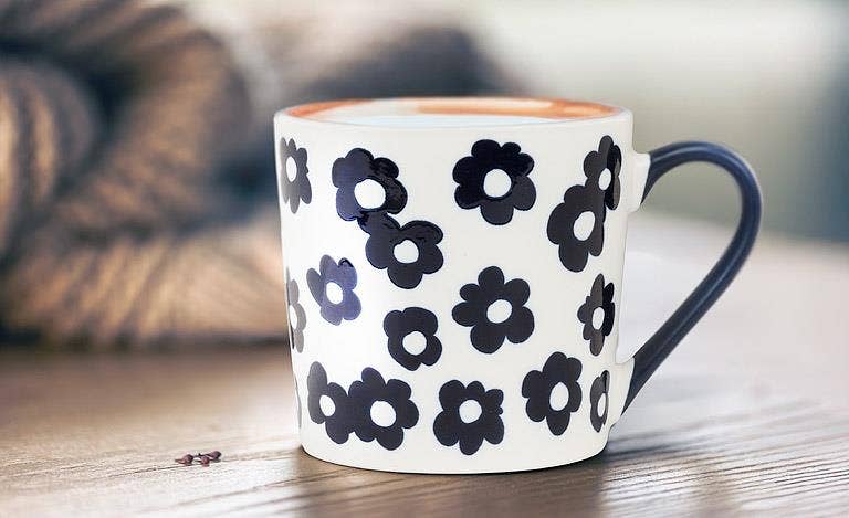 Graphic Flowers Mug-White & Navy-3.5"H(13oz)