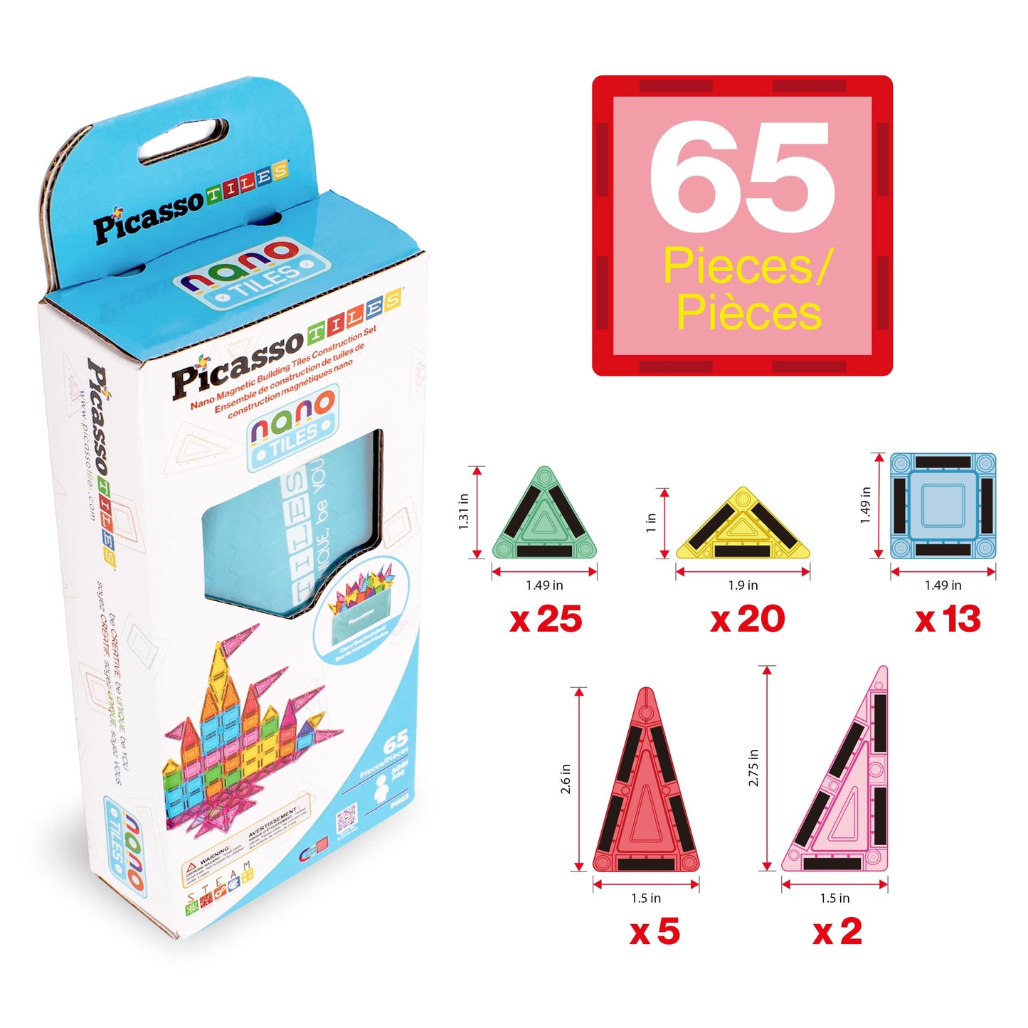 65pc Nano Magnetic Tiles Travel Set with Carry Zipper Bag