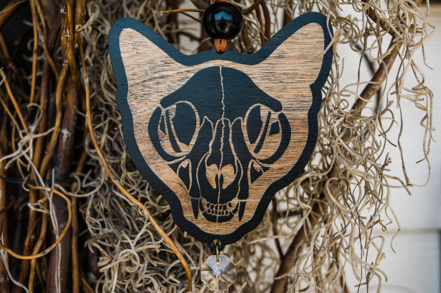 Black Cat Skull Wooden Ornament Wall Hanging Suncatcher