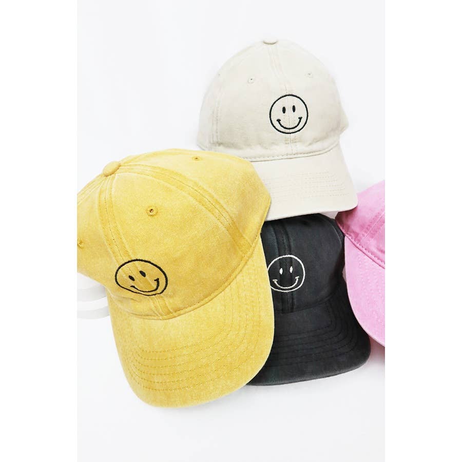 Smile Face Embroidered Washed Baseball Cap: BLACK / ONE