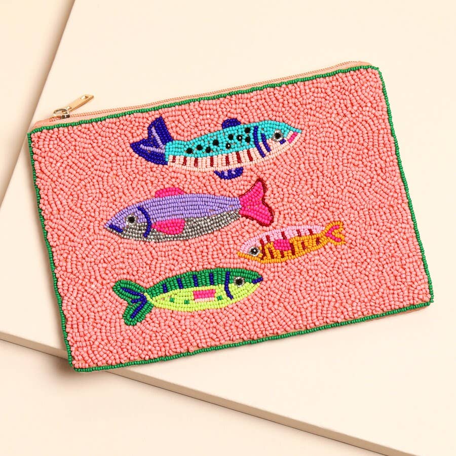 Beaded Pink 4 Fish Medium Pouch