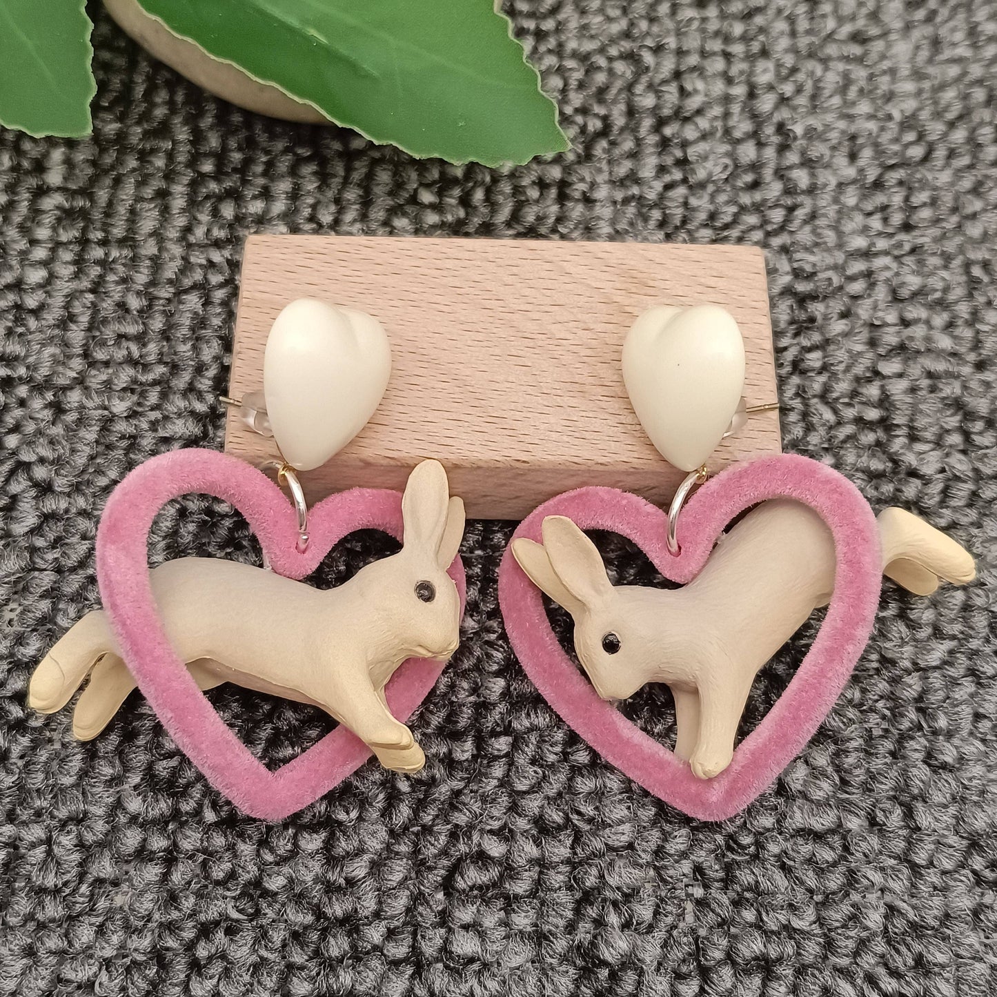 YK - Resin Rabbit Plush Heart Charm Dangle Earrings