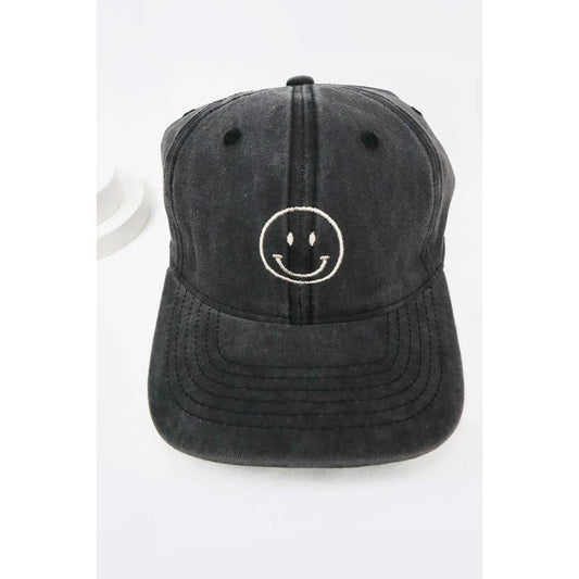 Smile Face Embroidered Washed Baseball Cap: BLACK / ONE