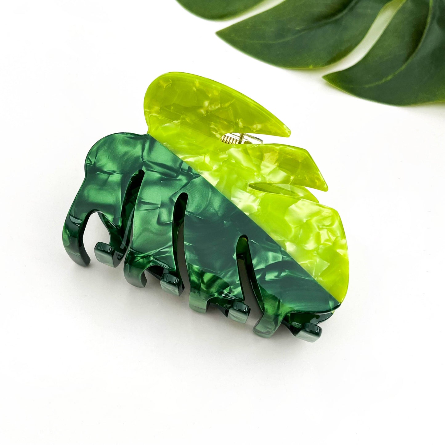 Two-Tone Green Monstera Leaf Hair Claw, Acetate Hair Clip