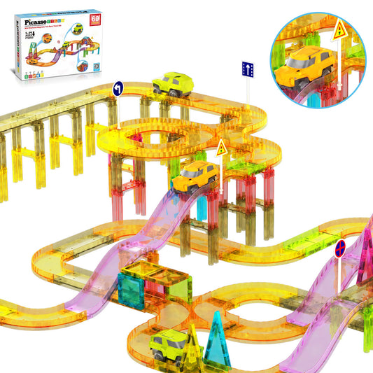 PicassoTiles 60pc Travel Size Magnetic Tile Race Track Set