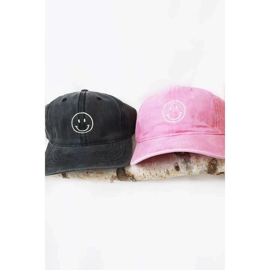 Smile Face Embroidered Washed Baseball Cap: PINK / ONE